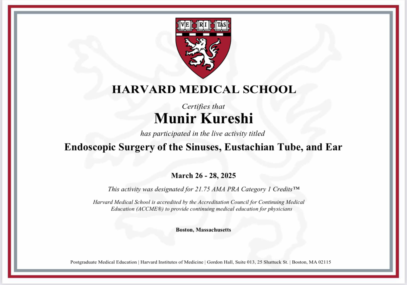 Dr. Munir Kureshi Harvard continuing education certificate demonstrating advanced veterinary training
